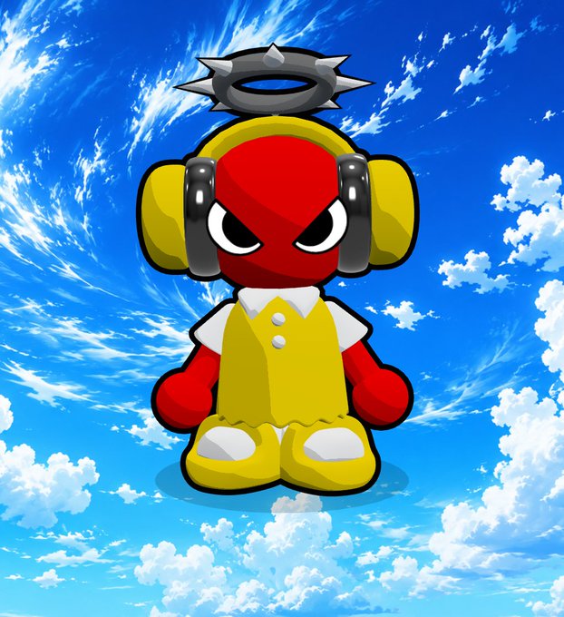 An illustration of a red cartoon character with an angry expression, wearing yellow headphones, a yellow shirt, and yellow shoes, with a spiked black halo above its head against a blue sky.