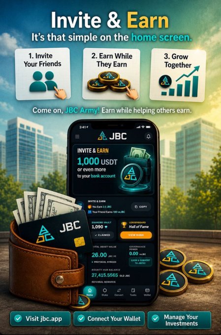 A promotional "Invite & Earn" graphic for JBC highlighting a three-step referral program (invite friends, earn while they earn, and grow together), featuring a phone display showing 1,000 USDT earnings, a JBC wallet with $100 bills and JBC coins, and a city skyline background—aligning with the post's call for the #JBCArmy to grow the community through referrals on LaunchGate/BNBChain.