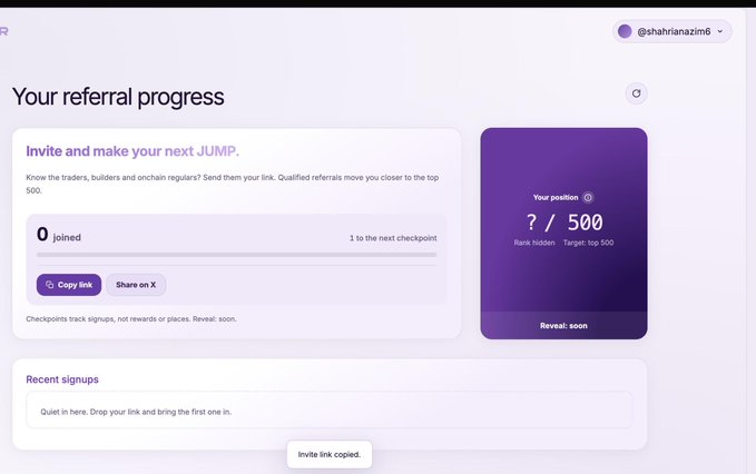 Light-themed referral dashboard titled 'Your referral progress' for user @shahrianzaim6, showing zero joined referrals out of a 500 target, with an 'Invite link copied' confirmation.