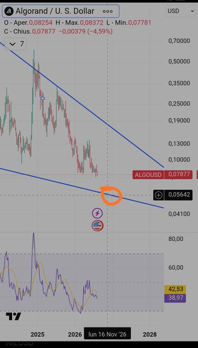 A trading chart showing Algorand/U.S. Dollar (ALGOUSD) with a downward trend channel, displaying prices around 0.07877 and an RSI indicator showing 42.53/38.97, with date markers ranging from 2025 to 2028.