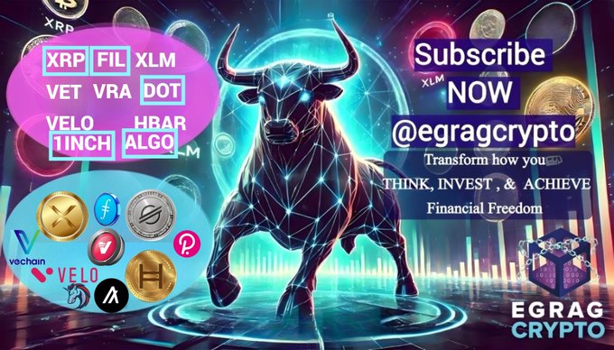 A vibrant crypto thumbnail for "EGRAG CRYPTO" (@egragcrypto) features a neon bull silhouette surrounded by ticker symbols including XRP, FIL, XLM, VET, VRA, DOT, VELO, HBAR, 1INCH, and ALGO, promoting subscriber content with the tagline "Transform how you THINK, INVEST, & ACHIEVE Financial Freedom." The bull and bullish ticker list directly preview the post's highlight of XRP, FIL, DOT, 1INCH, and ALGO as today's featured crypto analyses.