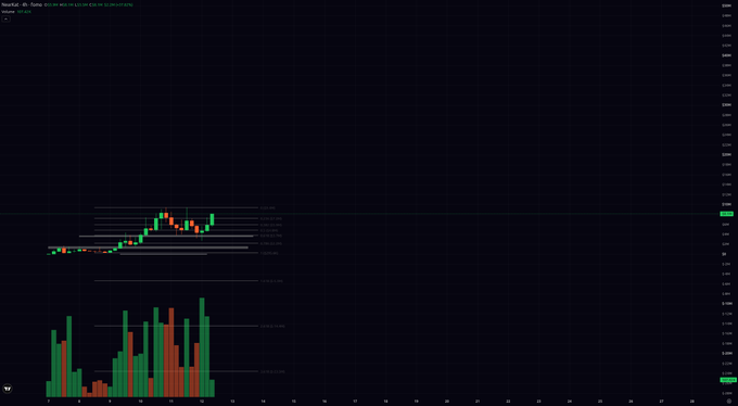 A stock chart for 'Nayuki' on TradingView showing a 4-hour candlestick chart with several horizontal resistance levels marked and a volume histogram below.