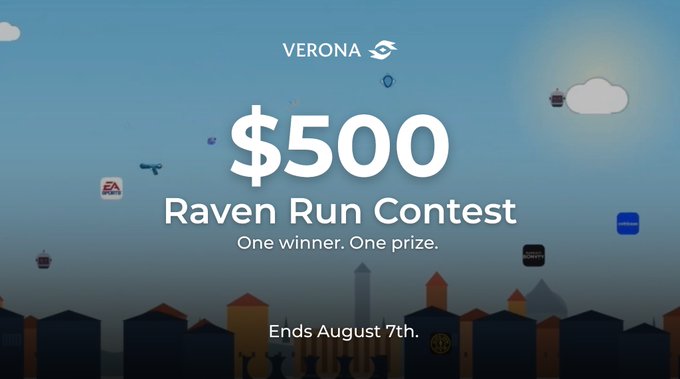 A promotional graphic for Verona's "$500 Raven Run Contest" is displayed against a sky backdrop with floating icons and a city skyline silhouette, announcing "One winner. One prize." and an end date of August 7th. The contest's "$500" prize pool and singular winner format are emphasized in large white text, visually reinforcing the post's message about a high-stakes, competitive game event.