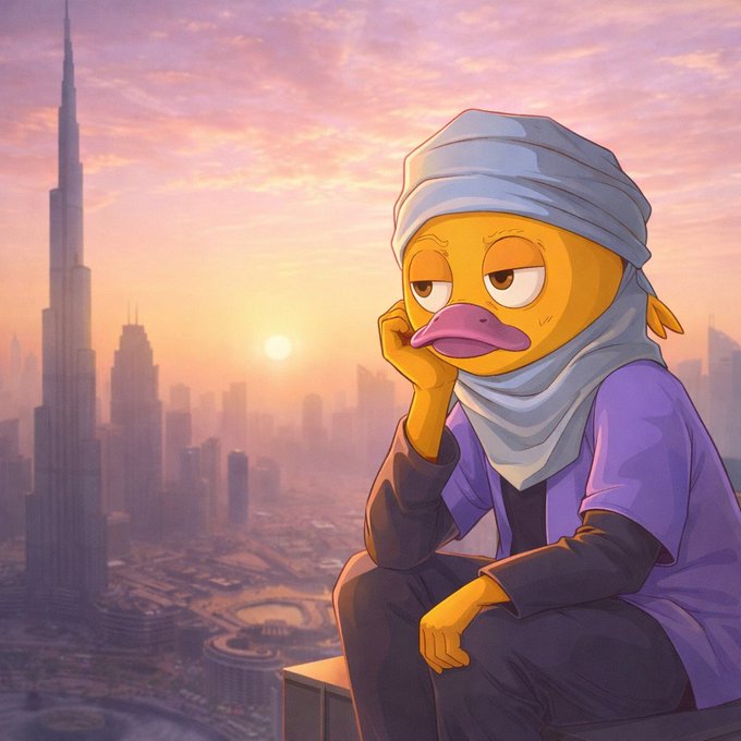 The image features a cartoon duck sitting on top of a building, looking down at the city below with buildings that appear to be made of glass or steel. The caption reads "Gm fam Habibi come to TON". This suggests that the image is related to an advertisement for a hotel in Dubai, as it portrays a cityscape and a cartoon duck character, which are often used together in promotional materials.