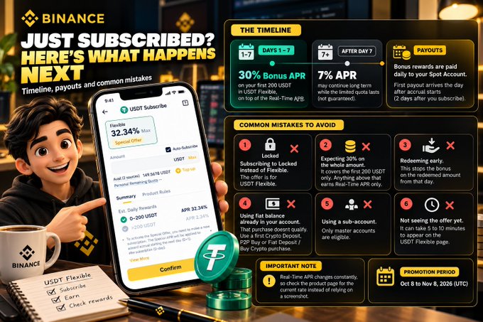 A cartoon avatar holding a smartphone displaying the Binance USDT Subscribtion page (32.34%) is shown next to a timeline outlining the Binance "Just Subscribed" offer—featuring 30% Bonus APR for Days 1-7 on the first 200 USDT, followed by 7% APR after Day 7—alongside a list of six common mistakes to avoid and a promotion period running October 8 to November 8, 2026 (UTC).