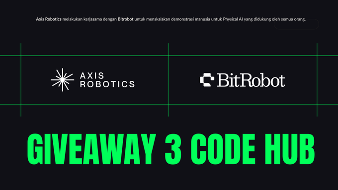 The image features a promotional poster for a giveaway of three code hubs by two robotics companies, Axis Robotics and bitrobot. The poster has a black background with white text that reads "GIVEAWAY: Axis Robotics x bitrobot! Can't start contributing yet because you don' t have a code?". The poster also includes the logos of both companies for Axis Robotics and bitrobot.