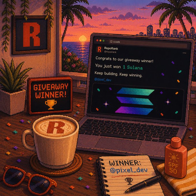 The image features a laptop computer with a message from someone named @reporank, congratulating them for winning an online contest. The laptop screen displays a message that reads "Congratulations! You just won Solana. Keep building, keep winning." There is also a coffee cup and a notebook on the desk next to the laptop. A bottle of sunscreen can be seen in the background as well.