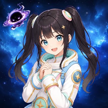 An anime-style illustration depicts a smiling girl with dark twin-tails, blue eyes, and a white and teal outfit, with a purple/black swirling portal floating near her against a starry cosmic background.