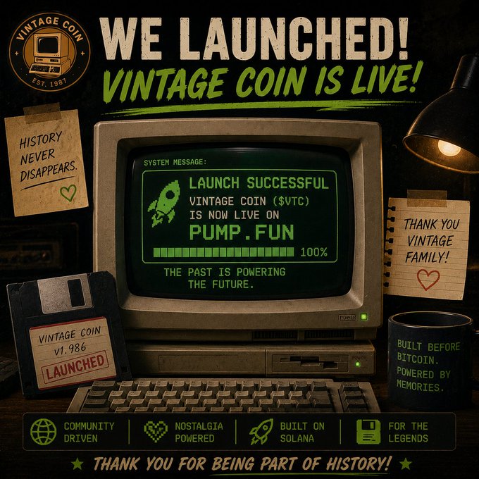 A retro-styled promotional graphic announcing 'WE LAUNCHED! VINTAGE COIN IS LIVE!' featuring an old CRT computer displaying 'LAUNCH SUCCESSFUL - VINTAGE COIN ($VTC) IS NOW LIVE ON PUMP.FUN' with tags 'COMMUNITY DRIVEN, NOSTALGIA POWERED, BUILT ON SOLANA, FOR THE LEGENDS.'