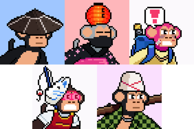 A collage of five pixel art characters in different costumes, including figures with hats, masks, and stylized outfits against blue, pink, and white backgrounds.