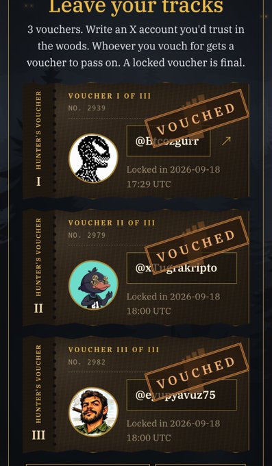 A 'Leave your tracks' vouching screen shows three Hunter's Vouchers that have been locked/vouched for accounts @Beacgurr, @Xtugakripto, and @edgpvauz75.