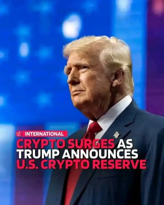 Donald Trump shown in profile with news headline 'INTERNATIONAL CRYPTO SURGES AS TRUMP ANNOUNCES U.S. CRYPTO RESERVE'.