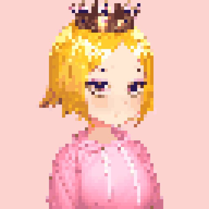 Pixel art depicting a chibi-style character with blonde hair, a small crown, and a pink robe against a solid pink background.