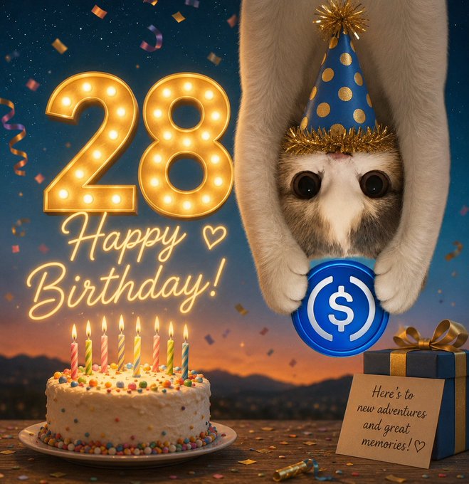 The image features a birthday celebration with a cake, candles, and a cat wearing a party hat. The cat appears to be hanging from a string above the cake as if it's trying to blow out the candles or playfully interact with them. A gift box is also present on the table next to the cake.