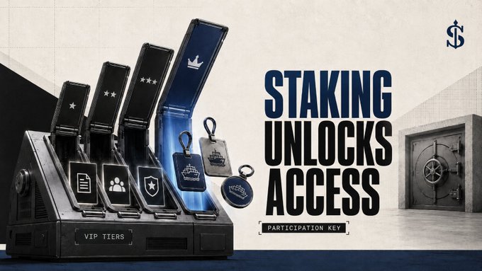 A promotional graphic reads 'STAKING UNLOCKS ACCESS' and 'PARTICIPATION KEY,' showing a VIP tier system with metallic badges and a vault door in the background.