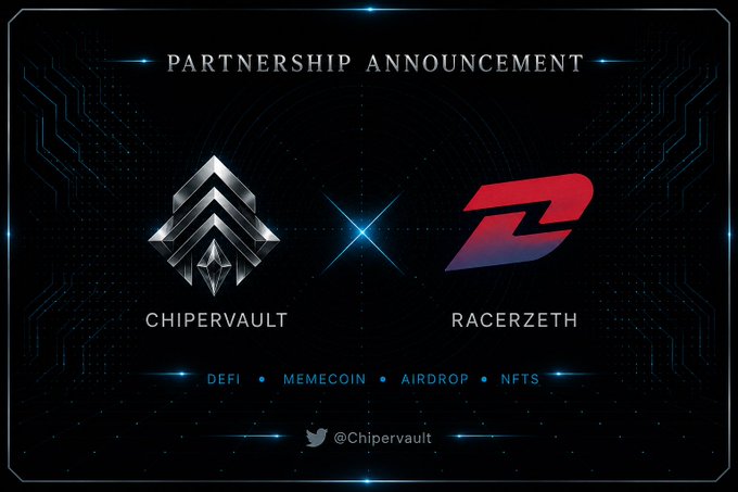 The image features a poster for a partnership announcement between two companies, ChipVault and Racerzeth. The poster includes logos of both companies along with text that announces the collaboration. The text also mentions that the partnership will be live on Discord soon.