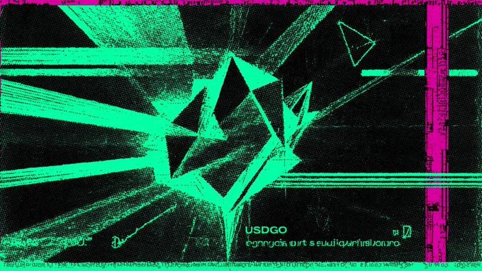The image features a stylized neon green geometric figure, possibly a robot or character, with glitchy pink scanlines overlaid on a dark background, and the text "USDGO cannot sort sequentially... too" visible at the bottom. It illustrates the concept of the new USDG stablecoin integrating into Solana's lending markets like Jupiter Lend and Fluid, showing how Solana is quietly becoming the primary hub where stablecoins operate efficiently despite ongoing L2 debates.