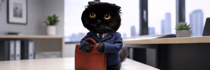 A black cat in a blue suit clutches a red briefcase in a modern office setting, suggesting a determined "business cat" ready for the crypto market. The image plays on the post's bullish sentiment toward Robinhood, with the feline professional embodying the confident, go-getter attitude needed for investing in NFTs and digital coins.
