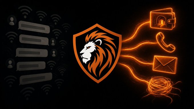 A graphic displays a shield with an orange lion in the center, flanked by dark gray chat bubbles with wifi symbols on the left and glowing orange communication icons (wallet, phone, envelope, scribble) on the right.
