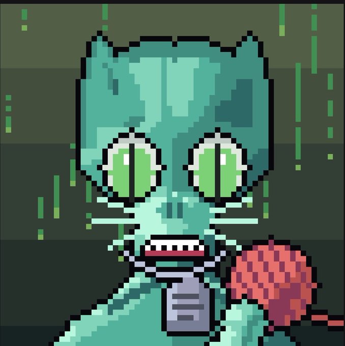 A pixel art illustration of a teal-skinned alien-like character with large green eyes and a wide grin, set against a dark background with green falling code.
