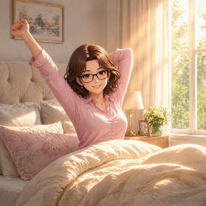 An anime-style illustration of a young woman with brown hair and glasses stretching and smiling in a sunlit bedroom.