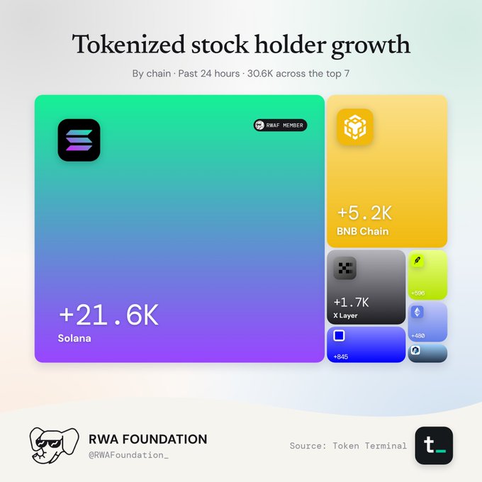 RWA Foundation infographic titled 'Tokenized stock holder growth' over 24 hours, showing Solana leading with +21.6K holders, followed by BNB Chain (+5.2K), X Layer (+1.7K), and others.