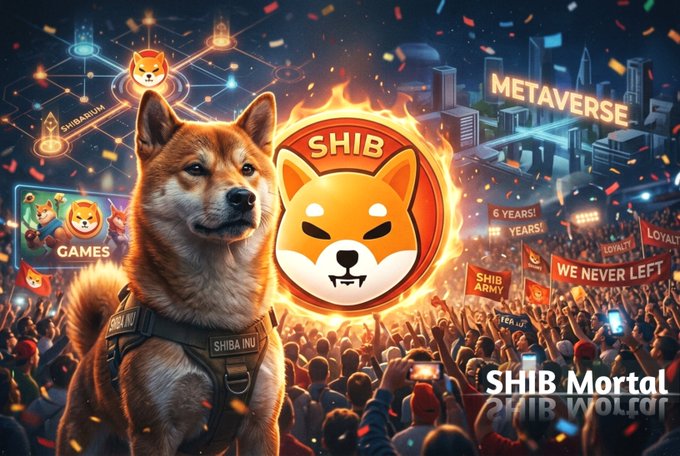 A vibrant digital illustration of a Shiba Inu dog wearing a 'SHIBA INU' harness, positioned in front of a large SHIB logo, with festive banners reading '6 YEARS!', 'WE NEVER LEFT', and 'METAVERSE', and a 'SHIB Mortal' watermark.