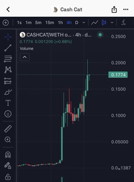 A 4-hour candlestick chart of $CASHCAT/WETH on a DEX shows a sharp price surge from roughly $0.0012 to a current level of $0.1774 (+0.68%), supporting the post's claim that the meme token is currently seeing active price action and volume despite retail still being absent from the broader market.