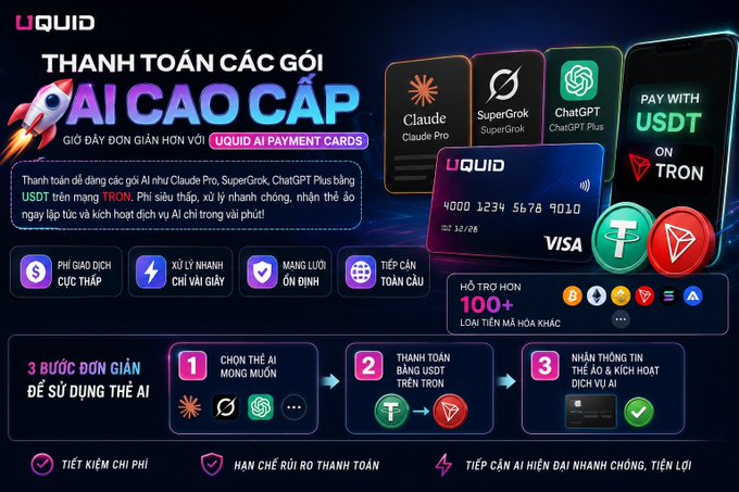 A Vietnamese-language advertisement for 'UQUID AI Payment Cards' promoting payments for premium AI services like Claude Pro, SuperGrok, and ChatGPT Plus using USDT on the Tron network.