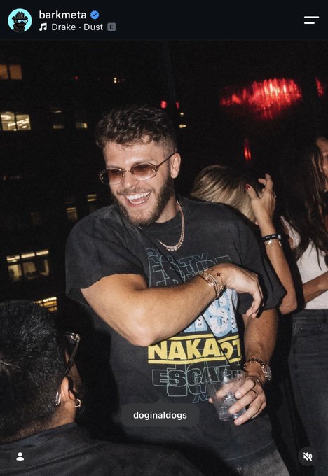 A social media story from user "barkmeta" playing "Drake - Dust" shows a smiling bearded man wearing sunglasses and a black "NAKAZ" t-shirt at a nighttime party.