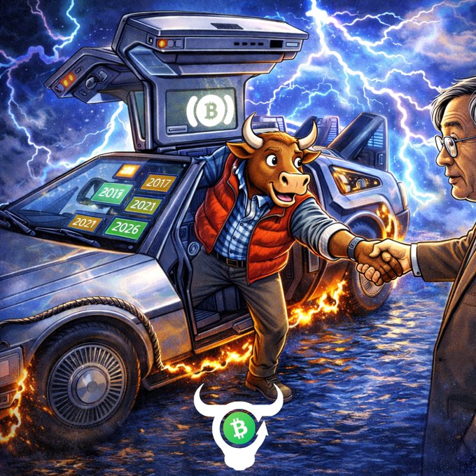 The image features a man shaking hands with a bull while standing next to an open car door that has a green "BTC" logo on it, suggesting they are discussing Bitcoin or related topics. The background of the image shows lightning bolts, which could be interpreted as a symbol for the cryptocurrency market or a representation of the digital currency's volatility and unpredictability.