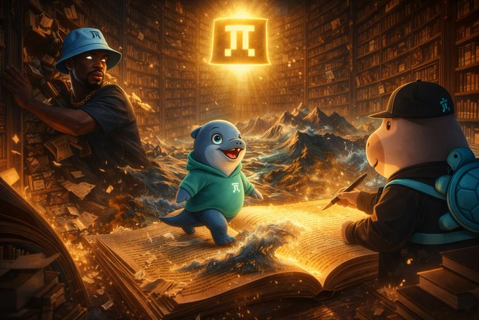 A fantasy digital artwork featuring a man in a blue bucket hat, a blue dolphin character wearing a green hoodie, and a small character writing in a book, all gathered around a glowing open book and a floating 'π' (Pi Network) logo in a grand library.