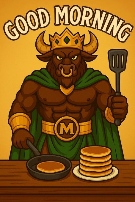 A muscular minotaur king wearing a crown, green cape, and an "M" belt buckle stands behind a table cooking pancakes with a spatula and frying pan, with "GOOD MORNING" displayed above. The image ties to the post by combining a "King of Bulls" character with the ticker $MIDAS, blending the bull/king theme with the breakfast-time greeting for the #GoldenGang community.