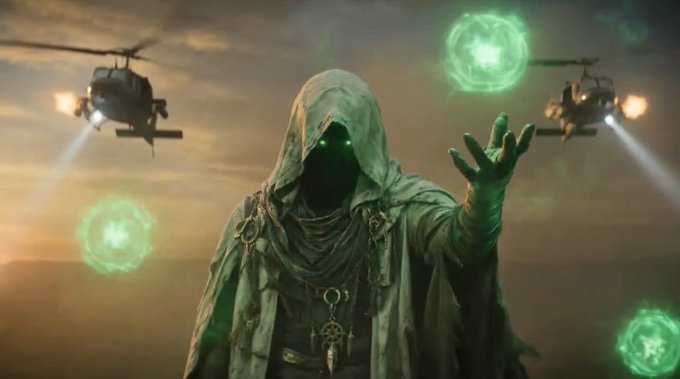 A hooded figure with glowing green eyes and outstretched hand conjuring green magical orbs, with two military helicopters in the background.