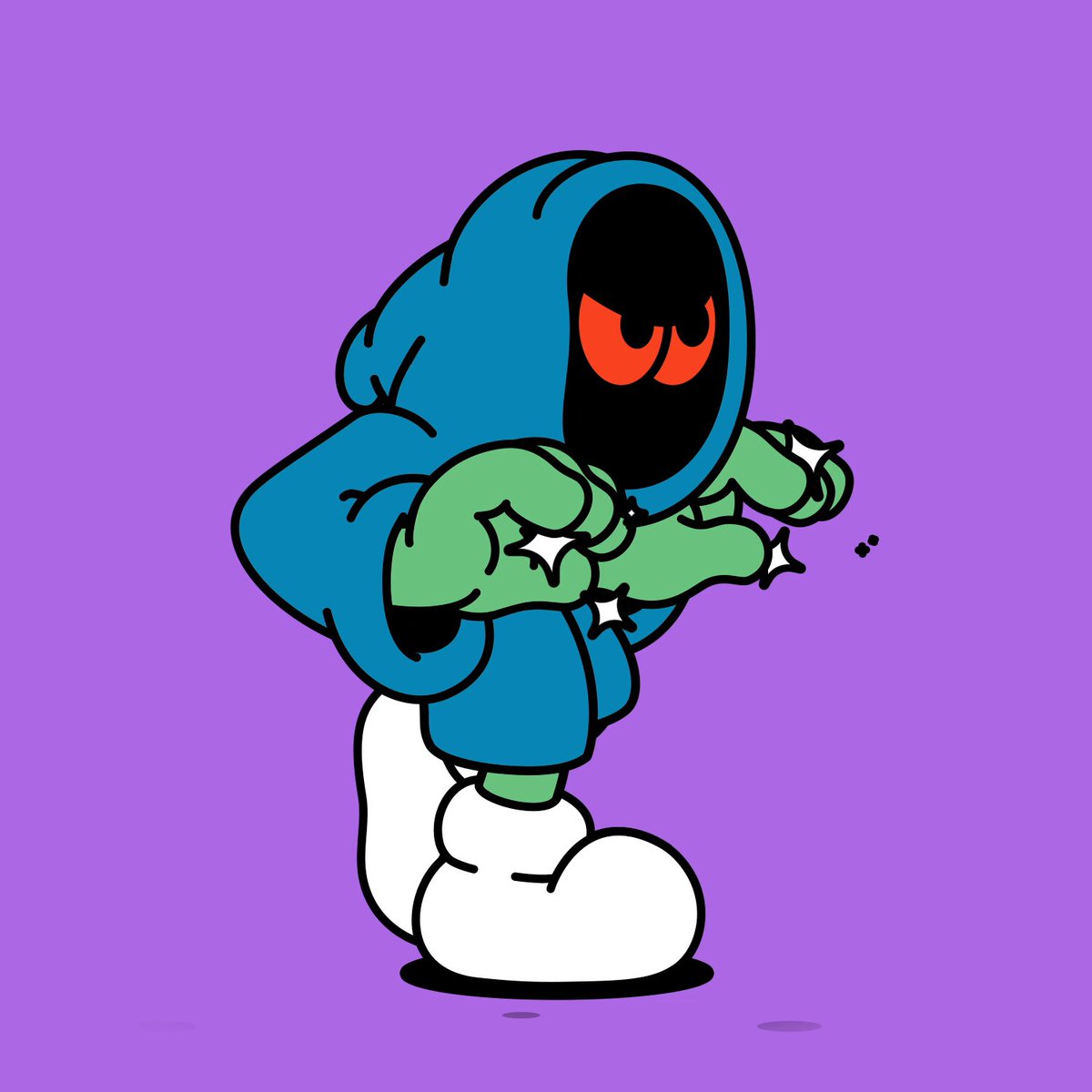 The image features a cartoon character with a blue hood, white shoes, and red eyes. The character appears to be wearing a green outfit that includes a pair of pants. The character has their arms crossed over their chest and is holding a star above them. The background color is purple, which contrasts with the character's blue hood and green outfit. There are no texts or other objects in the image, making it a simple and clean composition focused on the cartoon character.