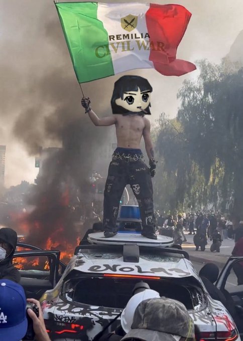 A digitally edited image of a person standing shirtless atop a graffiti-covered car during a street protest, waving a Mexican flag labeled 'REMILIA CIVIL WAR' with a cartoon face overlay, amidst smoke and fire.