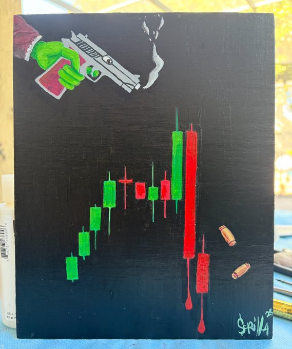 An acrylic painting on black canvas depicting a green hand holding a smoking gun above a red and green stock candlestick chart, with bullet casings and signature "SPR '25".