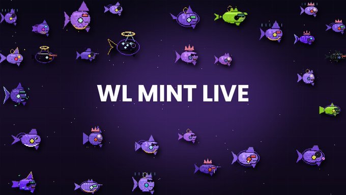 The image displays a space-themed graphic featuring purple and green cartoon fish characters scattered across a dark purple background, with bold white text reading "WL MINT LIVE" centered prominently in the middle. The visual supports the post announcing that a whitelist mint is currently active for an "Ink" NFT collection on OpenSea, with reveals scheduled after the sold-out event.