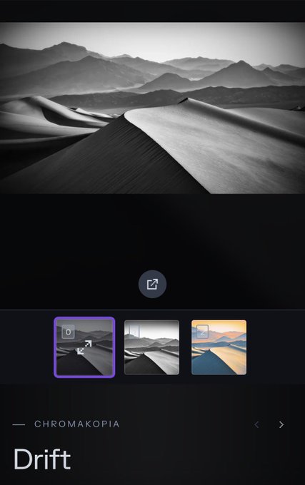 A mobile app interface showing a black and white desert sand dune image titled "Drift" with the label "CHROMAKOPIA," part of a series of three variations. The app appears to be a digital art platform or auction interface, fitting with the post about a multi-creation NFT contract offering three artworks for the price of one.