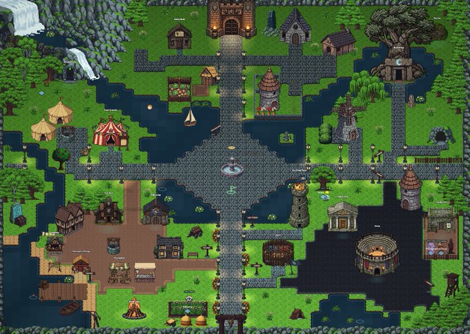 A pixel art game scene showing a medieval village with stone bridges crossing water, featuring tents, a windmill, castle towers, houses, and various characters scattered throughout the landscape.