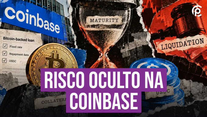 A YouTube thumbnail in Portuguese titled 'RISCO OCULTO NA COINBASE' (Hidden Risk at Coinbase) featuring images of an hourglass labeled 'MATURITY', a gavel labeled 'LIQUIDATION', and a Bitcoin-backed loan checklist.