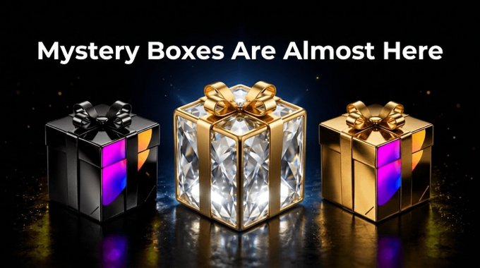 A promotional banner reading 'Mystery Boxes Are Almost Here' featuring three ornate, metallic gift boxes with bows against a dark, sparkling background.
