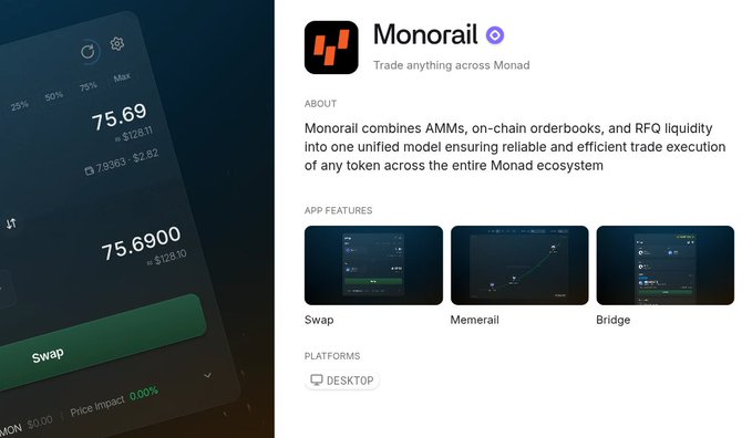 A screenshot of the Monorail app description states 'Trade anything across Monad' and explains it combines AMMs, on-chain orderbooks, and RFQ liquidity, showing features for Swap, Memerail, and Bridge on Desktop.