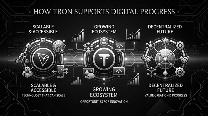 Infographic titled 'HOW TRON SUPPORTS DIGITAL PROGRESS' highlighting three pillars: Scalable & Accessible, Growing Ecosystem, and Decentralized Future, featuring the TRON logo.