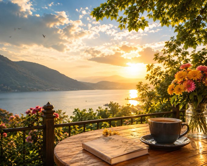 A serene sunset scene over a lake or sea, viewed from a wooden table with a cup of coffee, a closed book, and a vase of yellow and pink flowers, with mountains in the distance.