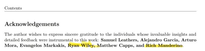 An 'Acknowledgements' section from a book credits Samuel Leathers, Alejandro Garcia, Arturo Mora, Evangelos Markakis, Ryan Wiley, Matthew Capps, and Rich Manderino.