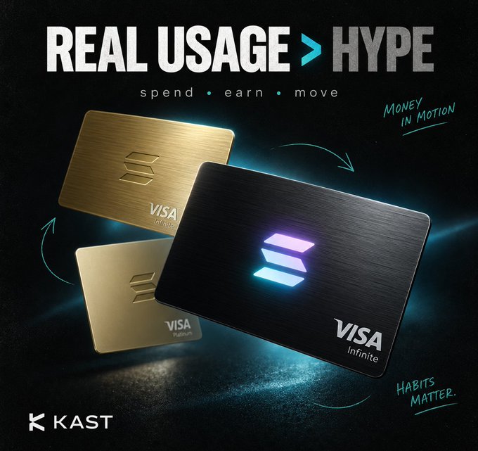 A promotional graphic for KAST Visa Infinite credit cards displays three metallic cards (gold and black) against a dark background with the text 'REAL USAGE > HYPE' and 'spend • earn • move'.
