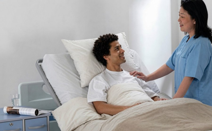 A man with curly hair lies in a hospital bed smiling at a nurse in blue scrubs who is standing beside him and touching his shoulder.