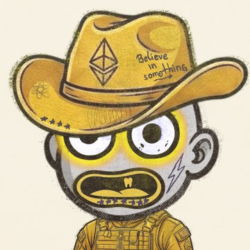 An illustrated character wearing a yellow cowboy hat inscribed with 'Believe in something' and an Ethereum logo, featuring large yellow-rimmed glasses and the text 'FDXCT' below a mustache.