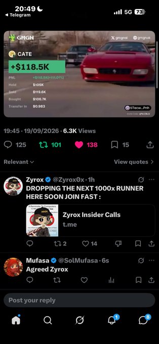 A mobile Twitter/X screenshot showing a post by $GMGN featuring a red Ferrari with token metrics for $GATE showing +$118.5K (+1110%) PNL, with engagement metrics and replies below.